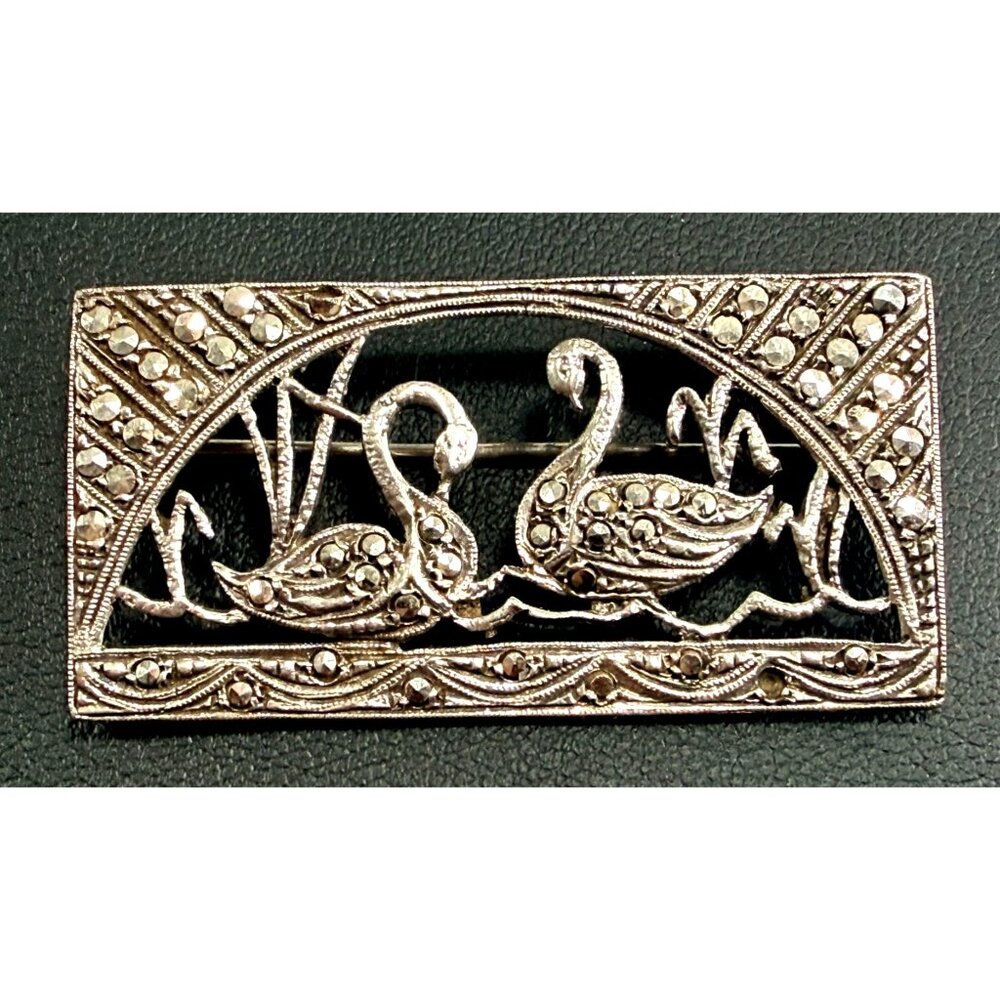 German Vintage Sterling Silver Marcasite Bar Pin Swans Motif 14 grams - Picture 5 of 7